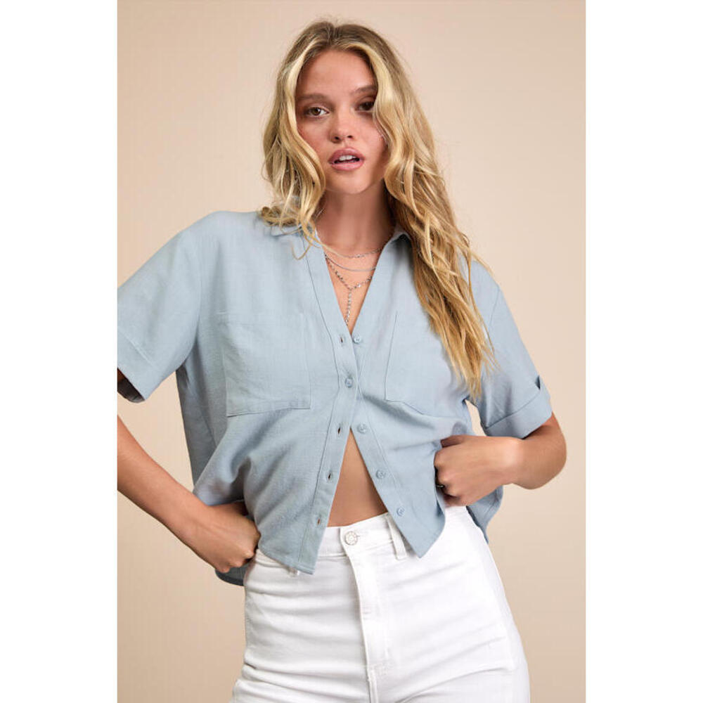 Lulus Summer Escapades Light Blue Linen Collared Button-up Top